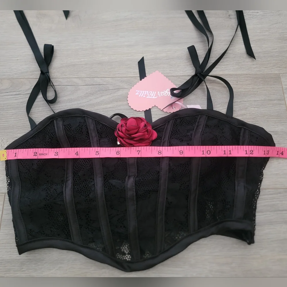 Black Lace Bustier Top with Pink Rose Accent